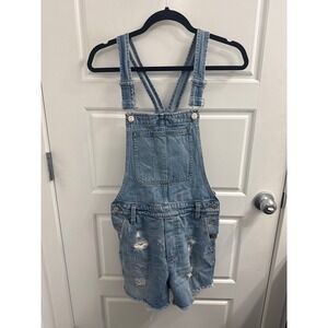 Madewell Denim Shortalls Light Wash Distressed Raw Hem Overalls Womens Small